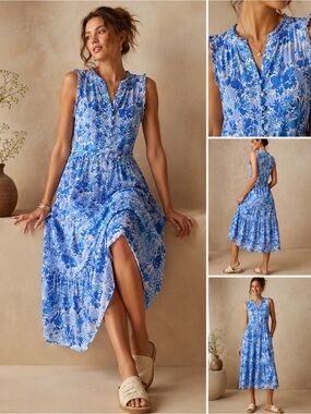 Walker & Wade Blue Floral Sleeveless Midi Dress | XS